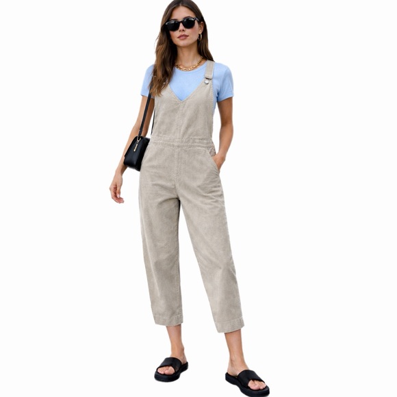 Zara Pants - ZARA Corduroy Vneck Crop Overalls Neutral Light Greige M Academia Preppy Y2K